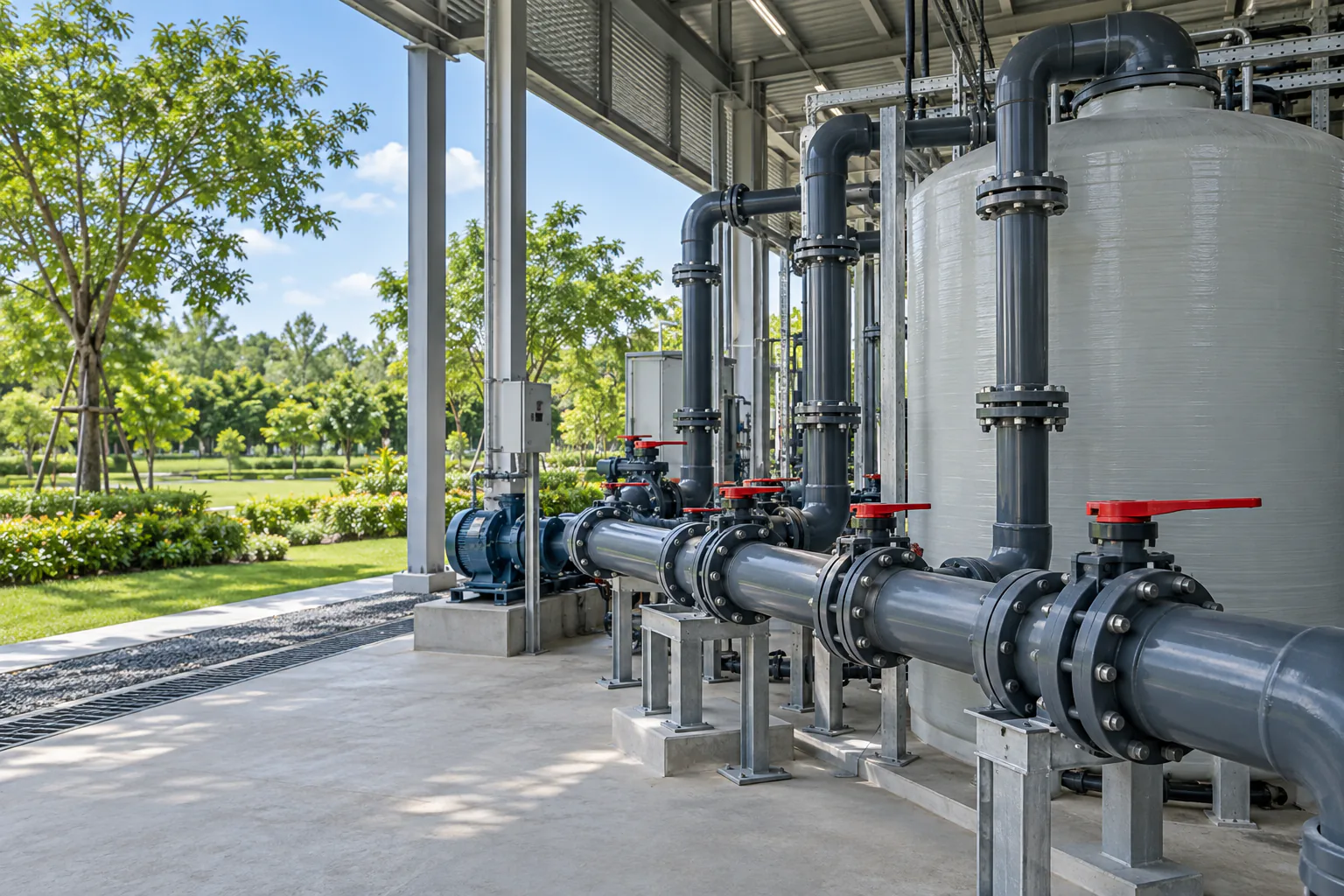 Illustration of industrial piping and FRP tanks beside a landscaped courtyard